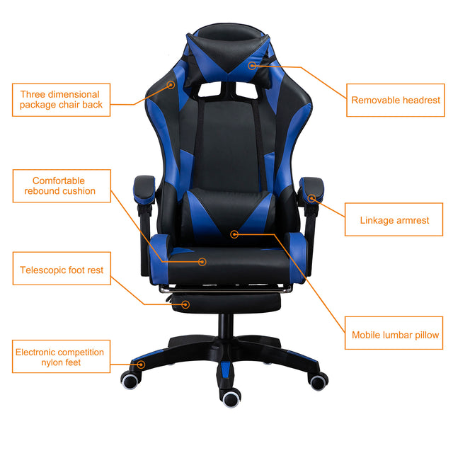PU gaming chair, swivel recliner with adjustable backrest and seat height, high back gaming chair with footrest, office chair with 360° swivel, suitable for office or gaming