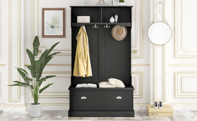 ON-TREND Hall Tree with 4 Hooks, Coat Hanger, Entryway Bench, Storage Bench, 3-in-1 Design, for Livingroom, Hallway (BLACK)