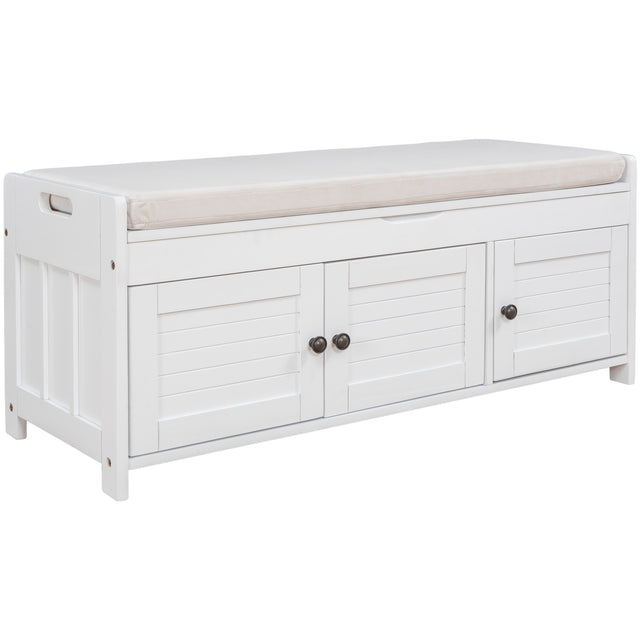 TREXM  Storage Bench with 3 Shutter-shaped Doors,  Shoe Bench with Removable Cushion and Hidden Storage Space (White)