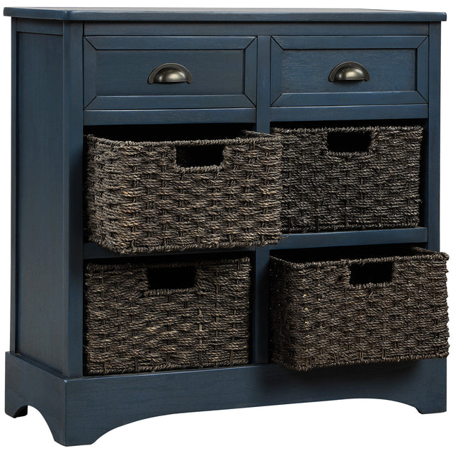 TREXM Rustic Storage Cabinet with Two Drawers and Four  Classic Rattan Basket for Dining Room/Entryway/Living Room (Antique Navy)