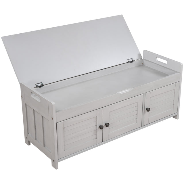 TREXM  Storage Bench with 3 Shutter-shaped Doors,  Shoe Bench with Removable Cushion and Hidden Storage Space (Gray Wash)