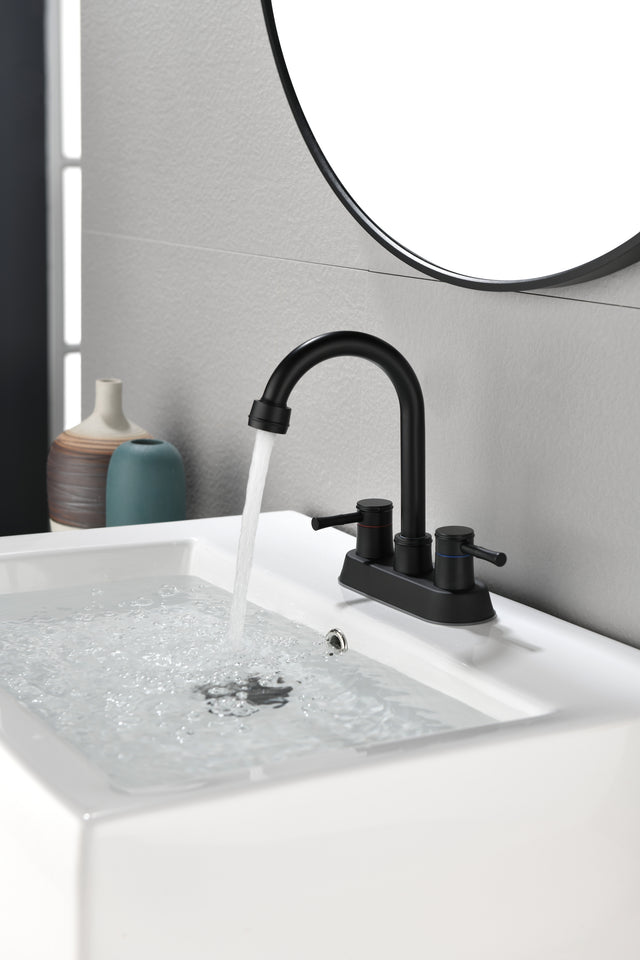 4 Inch 2 Handle Centerset Matte Black Lead-Free Bathroom Faucet, with Copper Pop Up Drain and 2 Water Supply Lines