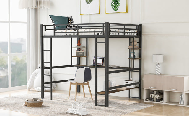 Full Size Loft Metal&MDF Bed with Long Desk and Shelves,Black(OLD SKU:SM000608AAB-1)