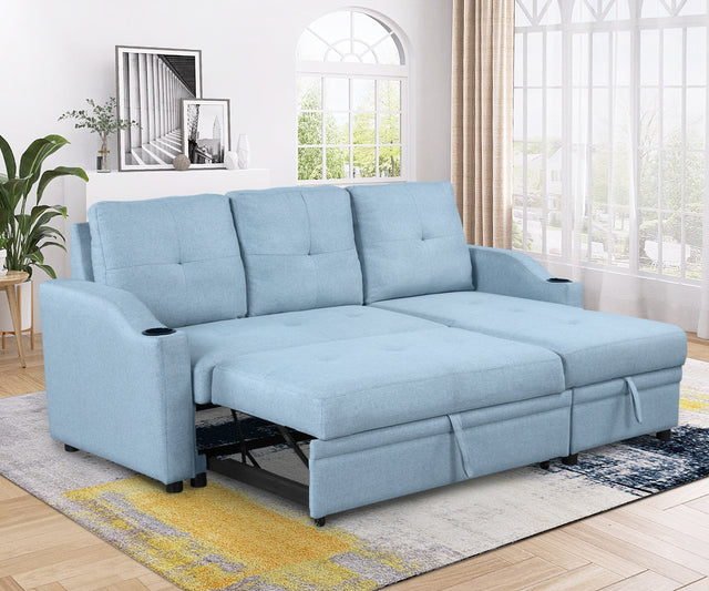 80.3" Orisfur. Pull Out Sofa Modern Padded Upholstered Sofa , Linen Fabric 3 Seater Couch with Storage Chaise and Cup Holder , Small Couch for Small Spaces