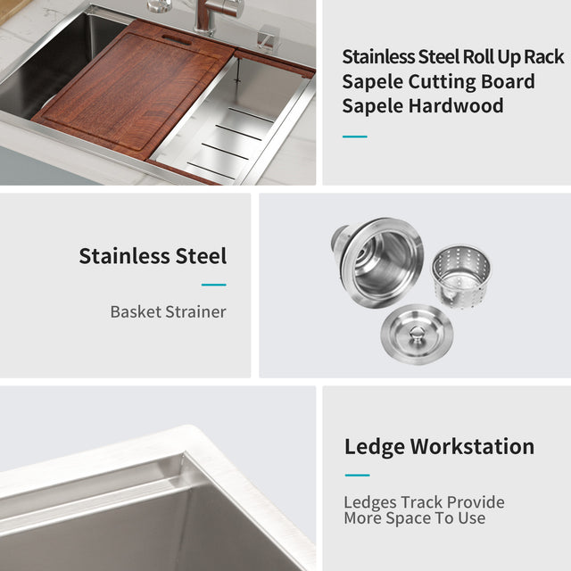 28 in Kitchen Sink Stainless Steel 16 Gauge Ledge Workstation Sink Drop-in Topmount Single Bowl Single Bowl Sink