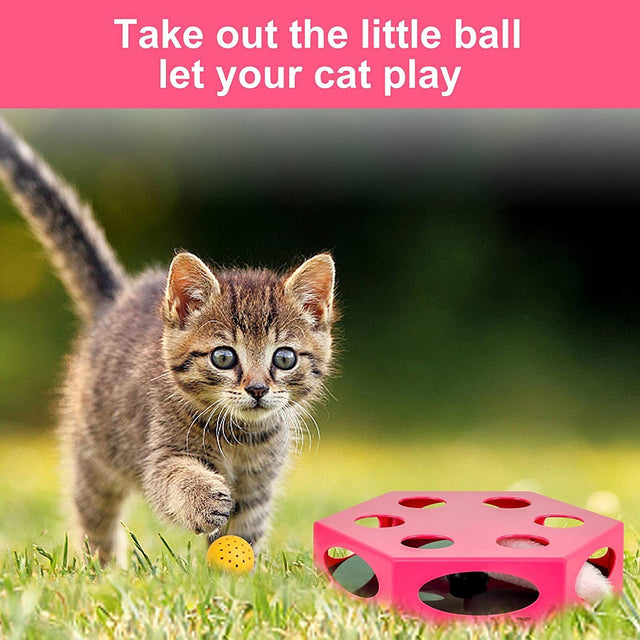 FluffyDream Interactive Cat Maze Box Toy, Electrical Cat Exercise Teaser Toy with Plush Tail & Ball Contains Bells, Fluffy Toys, Toys for Indoor Cats, Pets, Kitten, Kitty, Pink