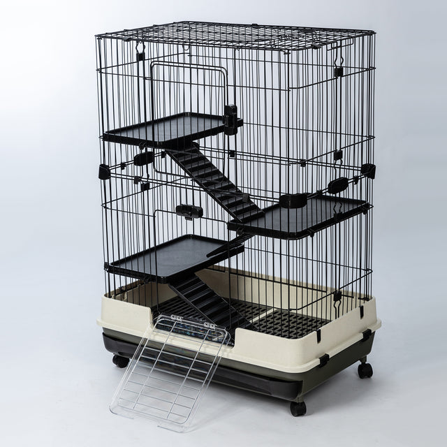 4-Tier 32"Small Animal Metal Cage Height Adjustable with Lockable Casters  Grilles Pull-out Tray for Rabbit Chinchilla Ferret Bunny Guinea Pig Squirrel Hedgehog(BLACK)(=OLD SKU:W69133214)
