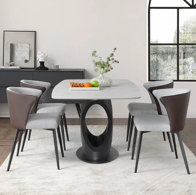 Modern Dining Table, Sintered Stone Tabletop Dining Room Table for Up To 8, Solid Black Carbon Steel Base, 71"