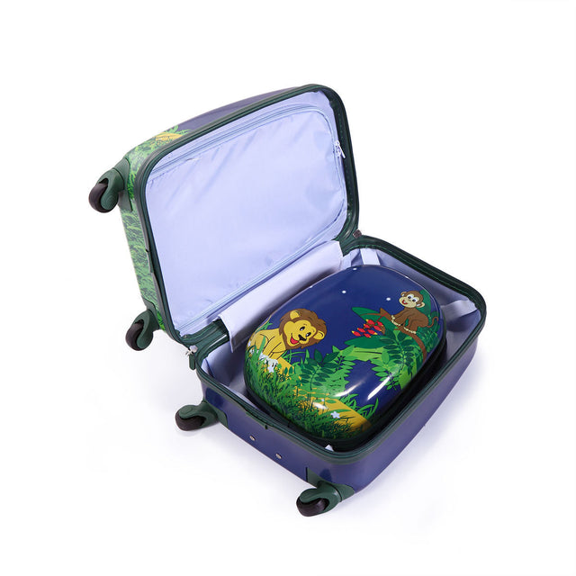 2 PCS Kids Luggage Set, 12" Backpack and 16" Spinner Case with 4 Universal Wheels, Travel Suitcase for Boys Girls,Navy Blue with Animal Patterns