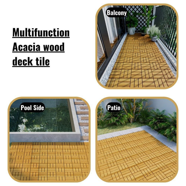 12" x 12" Square Teak Wood Interlocking Flooring Tiles Checker Pattern Pack of 10 Tiles