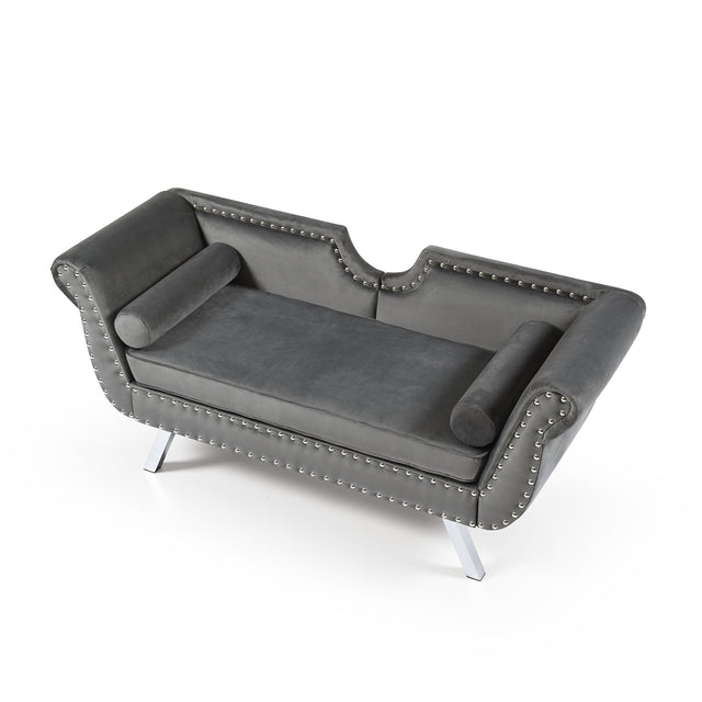 61“Width Modern Accent Velvet Upholstered Loveseat Settee Nailhead Trimming Curved Backrest Rolled Arms Couch with Removable Cushion Silver Metal Legs Living Room Set,Grey