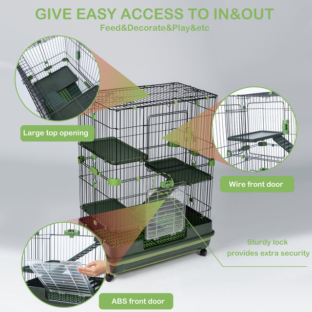 4-Tier 32"Small Animal Metal Cage Height Adjustable with Lockable Casters  Grilles Pull-out Tray for Rabbit Chinchilla Ferret Bunny Guinea Pig Squirrel Hedgehog(GREEN)(=OLD SKU:W69133216)