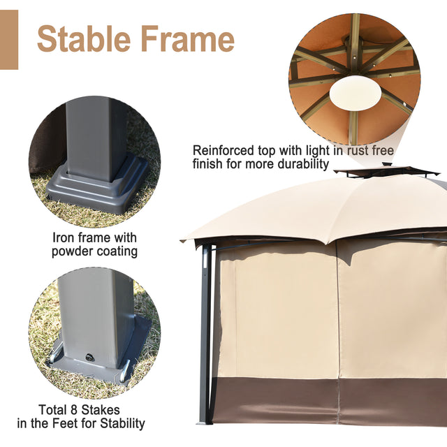 TOPMAX 10ft W*12ft L Outdoor Double Vents Gazebo Patio Metal Canopy with Screen and LED Lights for Backyard, Poolside, Brown