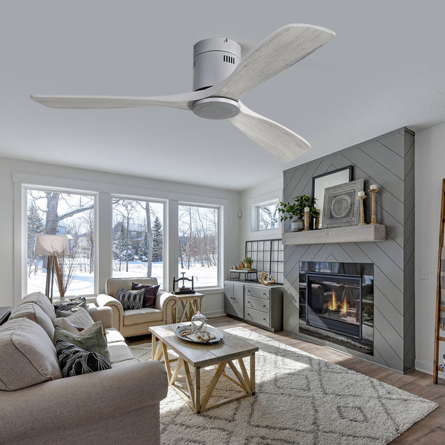 Low Profile Ceiling Fan DC 3 Carved Wood Fan Blade Noiseless Reversible Motor Remote Control Without Light