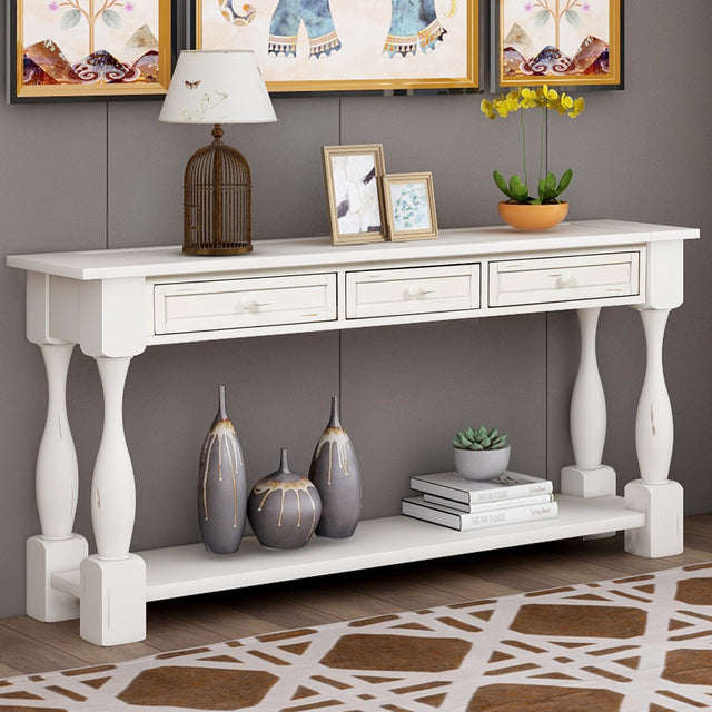 TREXM Console Table 64" Long Sofa Table Easy Assembly with Drawers and Shelf for Entryway, Hallway, Living Room (Antique White)