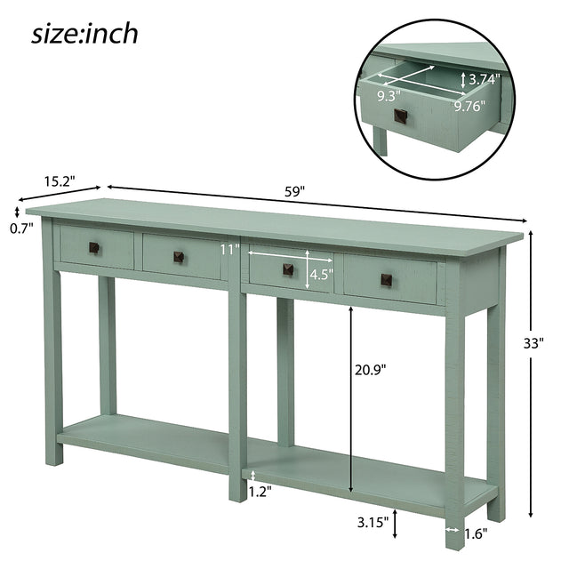 TREXM Rustic Brushed Texture Entryway Table Console Table with Drawers and Bottom Shelf for Living Room (Tiffany Blue)