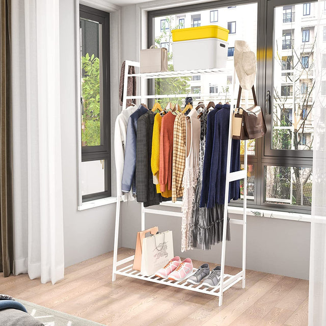 Clothes Rack,Heavy Duty Clothes Rack with Shelves,Freestanding Garment Rack for Living Bedroom Room Kitchen Bathroom Entryway Office Storage Shelves Clothes Hanging Rack,CR-537 White