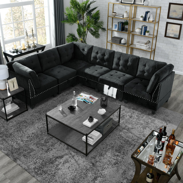 L shape Modular Sectional Sofa，DIY Combination，includes Three Single Chair and Three Corner ，Black Velvet.