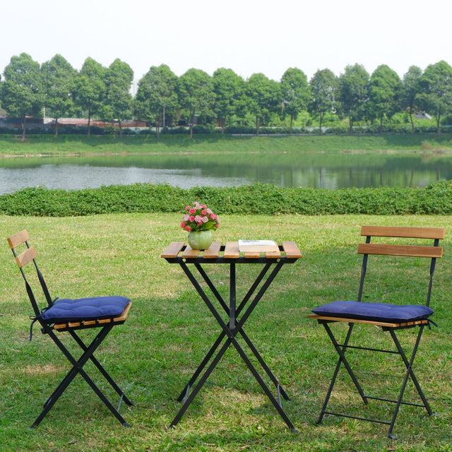 [Brand] Solid Teak Wood Patio Bistro Set, Folding Power Coating Frame Outdoor Patio Furniture Sets, 3 Piece Patio Set of Foldable Patio Table and Chairs with 2 cushions