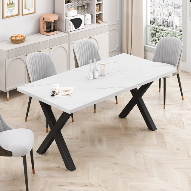 70.87"Modern Square Dining Table with Printed White Marble Table Top+Black X-Shape Table Leg