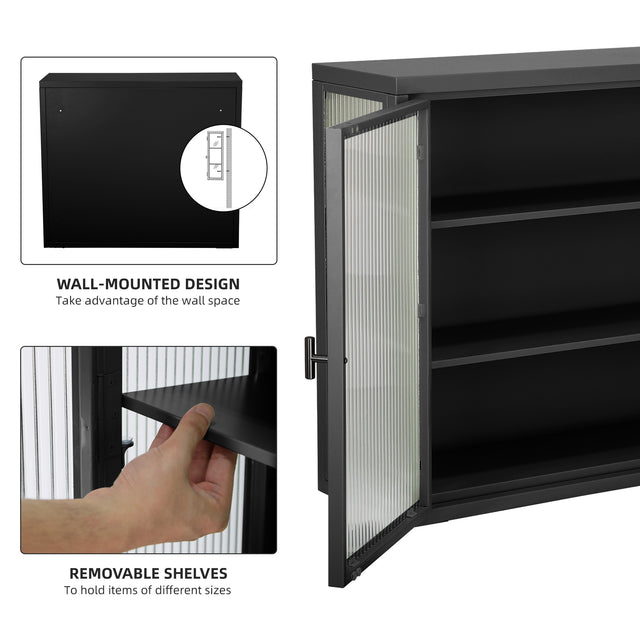 Retro Style  Haze Double Glass Door Wall Cabinet With Detachable Shelves for Office, Dining Room,Living Room, Kitchen and Bathroom Black