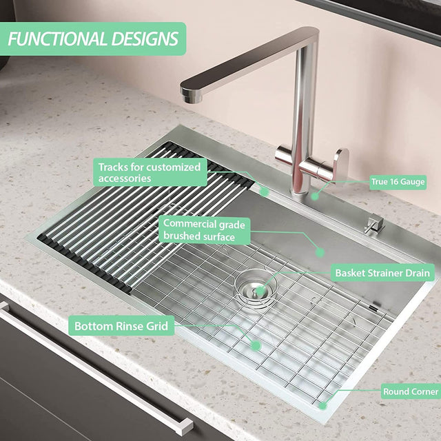 Workstation 33-inch Drop-In 16 Gauge Kitchen Sink R10 Radius Stainless Steel Kitchen Sink Single Bowl with Intergrated Ledge & Accessories (Pack of 5) -33"x22"x10"