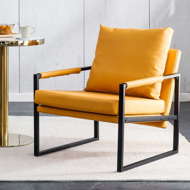 PU Leather Accent Arm Chair Mid Century Modern Upholstered Armchair with Metal Frame Extra-Thick Padded Backrest and Seat Cushion Sofa Chairs for Living Room ( orange PU Leather + Metal Frame + Foam)