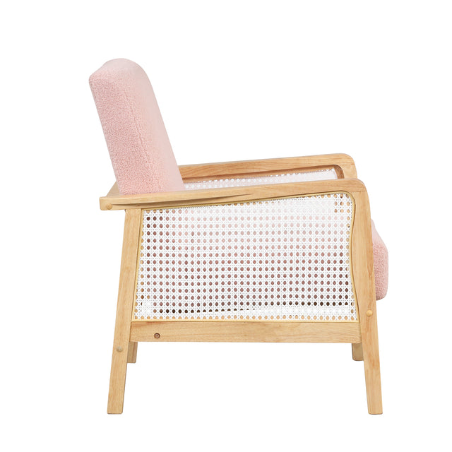 【EAT 3.10】Mid-Century Armchair Rattan Mesh Upholstered Accent Chair,Teddy Short Plush Particle Velvet Armchair for Living Room,Bedroom, Office, Studio,Pink