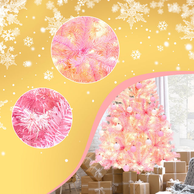 Pre-lit Artificial Christmas 2-Piece Set, Xmas Tree 5FT Pink Christmas Tree with 6 feet Garland X-mas