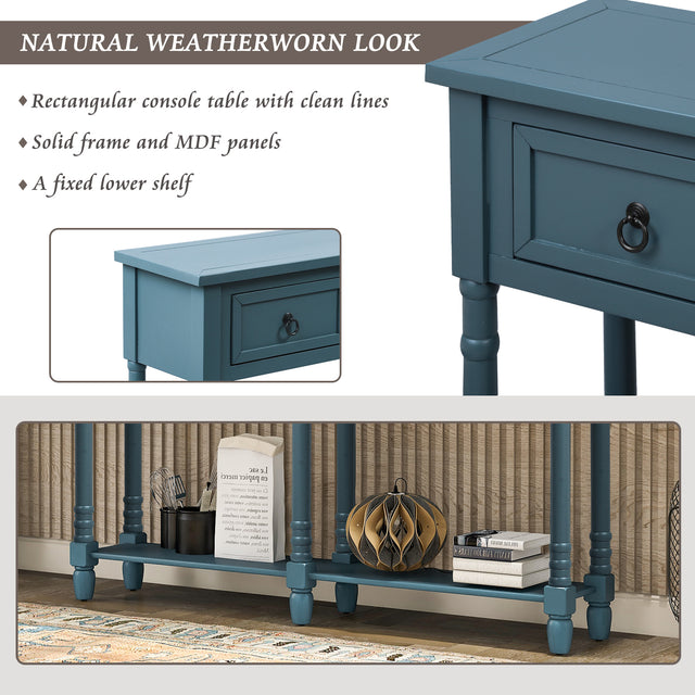 TREXM Console Table Sofa Table with Drawers and Long Shelf Rectangular Living Room Table Solid Wood (Antique Navy)