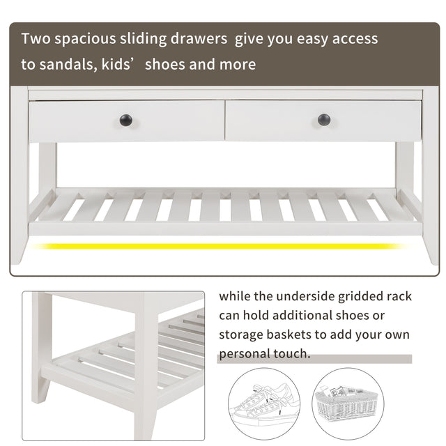 TREXM  Shoe Rack with Cushioned Seat and Drawers, Multipurpose Entryway Storage Bench (White)