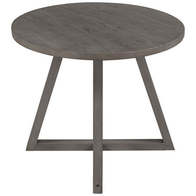 TOPMAX Mid-Century Wood  5-Piece Kitchen Dining Table Set with Round Table, 4 Upholstered Dining Chairs for Small Places, Gray Table + Beige Chair