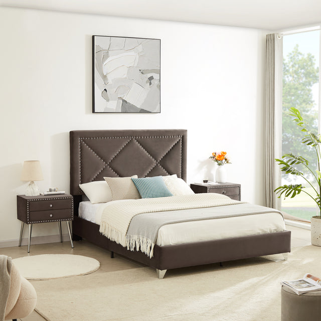 B109 Queen bed with one nightstand,Beautiful brass studs adorn the headboard, strong wooden slats + metal legs with Electroplate