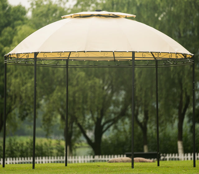 [VIDEO provided] U-style Outdoor Gazebo Steel Fabric Round Soft Top Gazebo，Outdoor Patio Dome Gazebo with Removable Curtains
