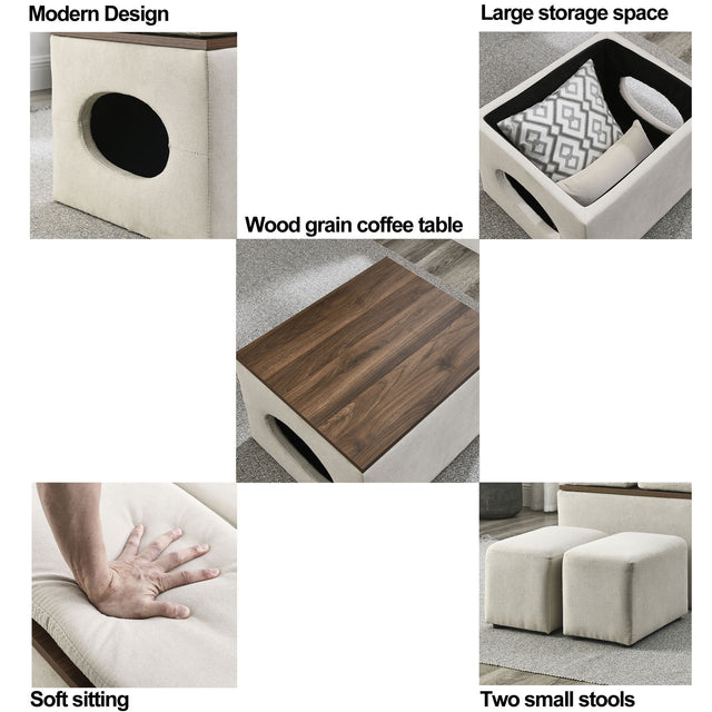 [Video] Welike 25"W Modern design hollow storage ottoman, upholstery, coffee table, two small footstools, easy storage and wide use