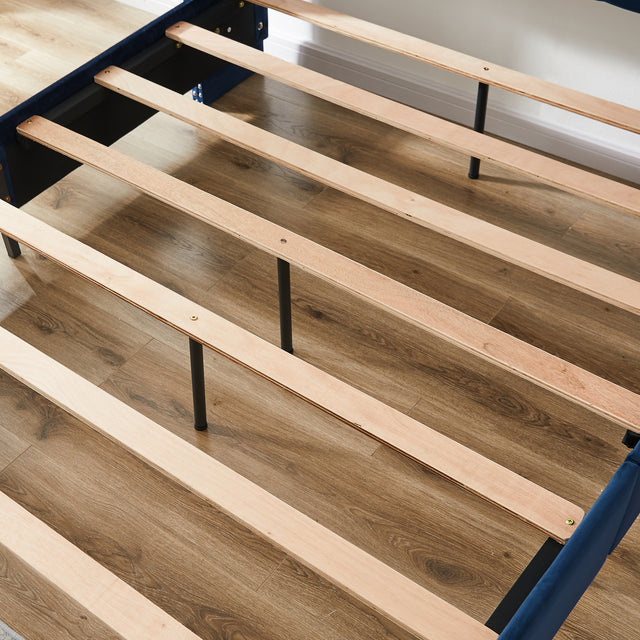 B109 Queen bed with two nightstands,Beautiful brass studs adorn the headboard, strong wooden slats + metal legs with Electroplate