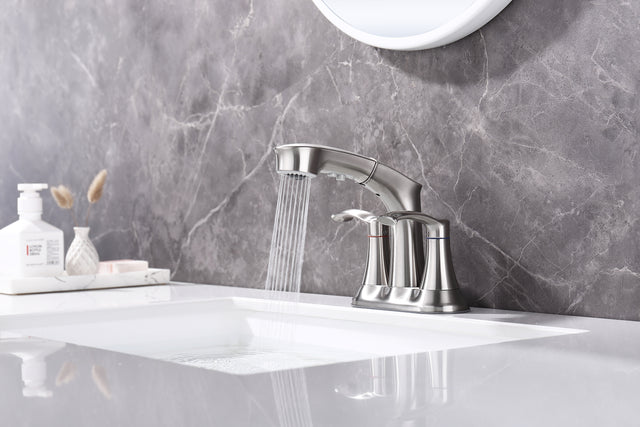 Bathroom Faucets for Sink 3 Hole,Brushed Nickel Bathroom Faucet with Pull Out Multi Functional Sprayer,Vanity Sink Faucet 2 Handle Centerset 4 inch Pull Down Faucet with 2 Water Lines,RV Camper Faucet