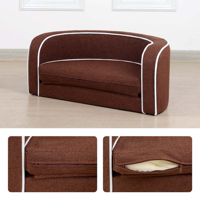 30" Brown Round Pet Sofa, Dog sofa, Dog bed, Cat Bed, Cat Sofa, with Wooden Structure and Linen Goods White Roller Lines on the Edges Curved Appearance pet Sofa with Cushion