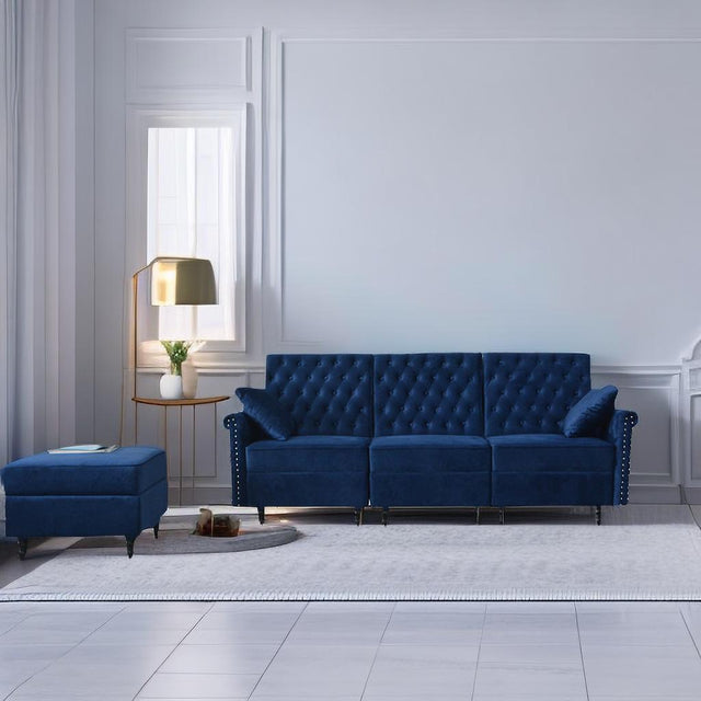 Redde Boo Blue Velvet Soft K/D Sofa And Stool With Storage, High Quality Classic Free Living  Room Sectional Fabirc Sofa