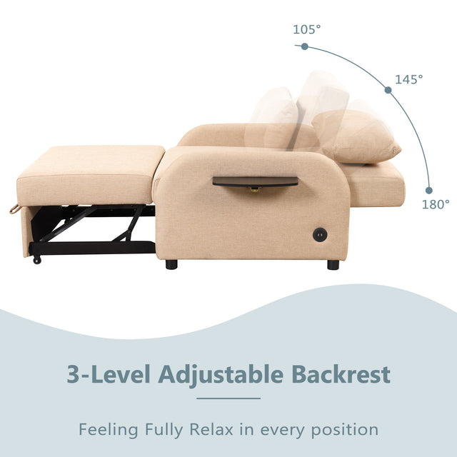 pull out sofa sleeper 3 in 1 with 2 wing table and usb charge for nap line fabric for living room recreation room Beige