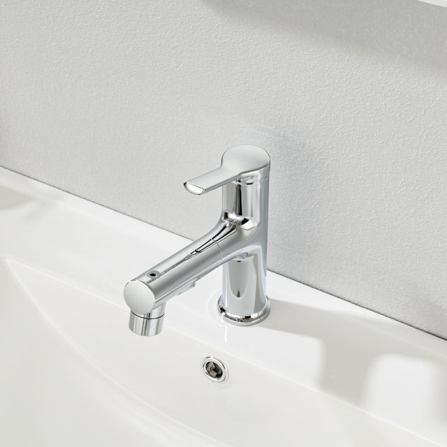 Single Hole Bathroom Faucet with Pull Out Sprayer, Dual Spray Modes, Solid Brass Polished Chrome Bathroom Faucet for Sink, Modern One Handle Bath Vanity Faucet with Face Basin Mixer Tap\\nVisit the YI
