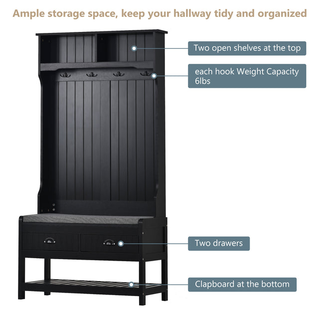 U-Can Hall Tree with 4 Hooks and Hinged Lid, Coat Hanger, Entryway Bench, Storage Bench, 3-in-1 Design, 69INCH, for Entrance, Hallway (Black)