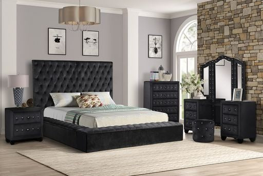 Nora Queen 6 Pc Vanity Tufted Storage Bedroom Set made with Wood in Black