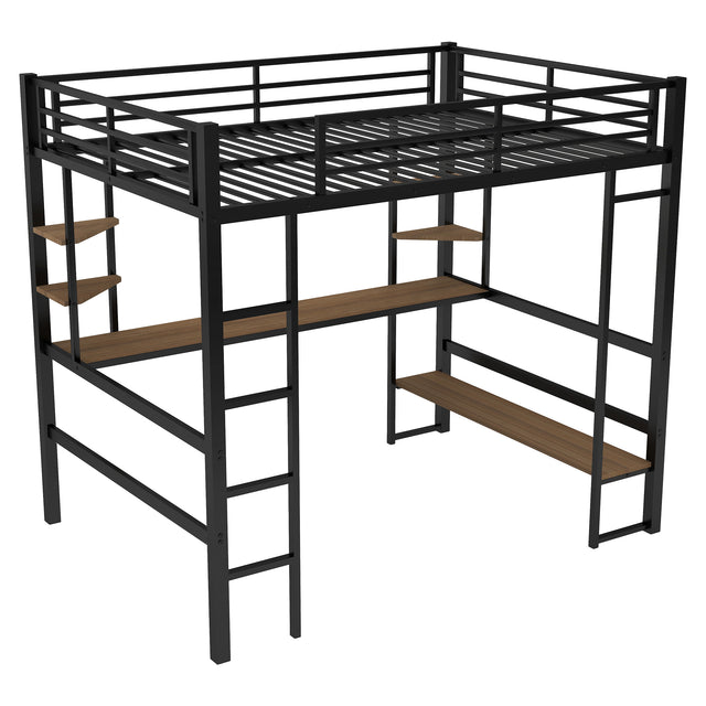 Full Size Loft Metal&MDF Bed with Long Desk and Shelves,Black(OLD SKU:SM000608AAB-1)