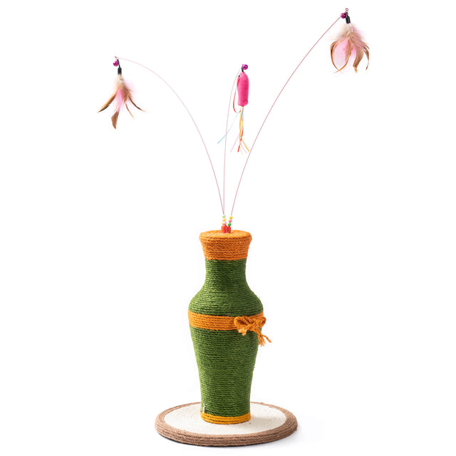 Vintage Vase-shaped Cat Scratching Post with 3 Feather Toys
