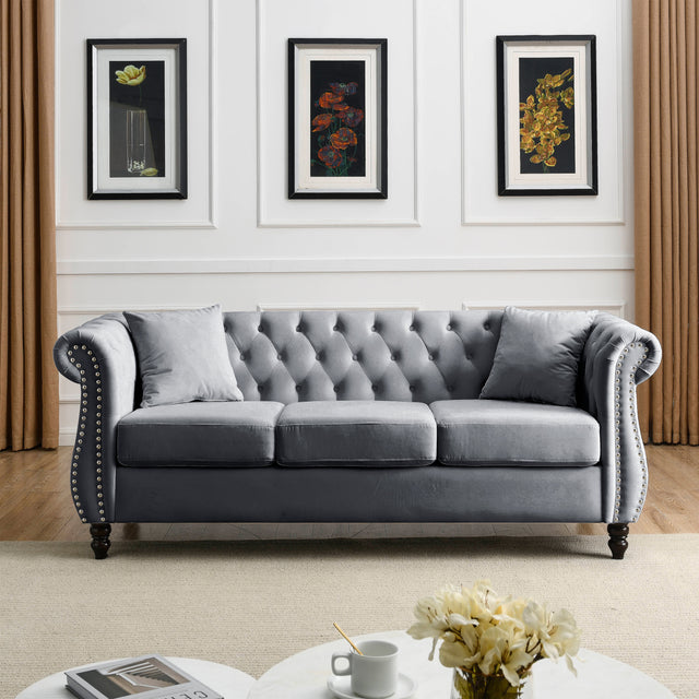 [Video] 80" Chesterfield Sofa Grey Velvet for Living Room, 3 Seater Sofa Tufted Couch with Rolled Arms and Nailhead for Living Room, Bedroom, Office, Apartment, two pillows