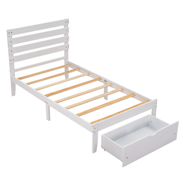 Twin Size Platform Bed with Drawer, White(New SKU:WF288467AAK)