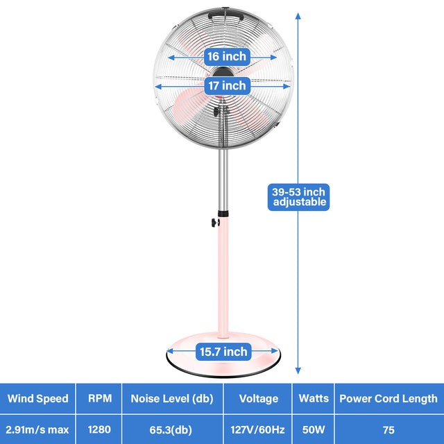 16 Inch High Velocity Stand Fan, Adjustable Heights, 75°Oscillating, Low Noise, Quality Made Fan with 3 Settings Speeds, Heavy Duty Metal for Industrial, Commercial, Residential, Color: Pink