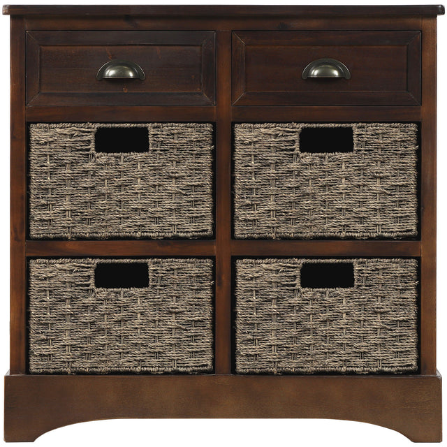 TREXM Rustic Storage Cabinet with Two Drawers and Four Classic Rattan Basket for Dining Room/Living Room (Espresso)