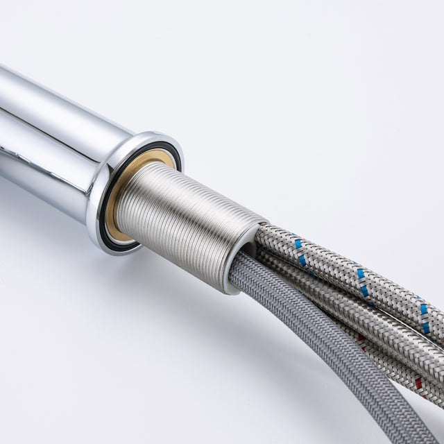 Single Hole Bathroom Faucet with Pull Out Sprayer, Dual Spray Modes, Solid Brass Polished Chrome Bathroom Faucet for Sink, Modern One Handle Bath Vanity Faucet with Face Basin Mixer Tap\\nVisit the YI